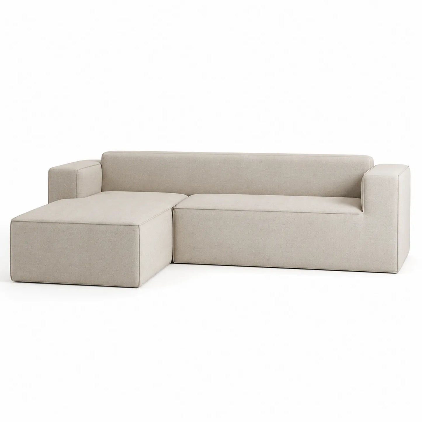 Sofá chaise longue de tela beige modular con estructura de madera