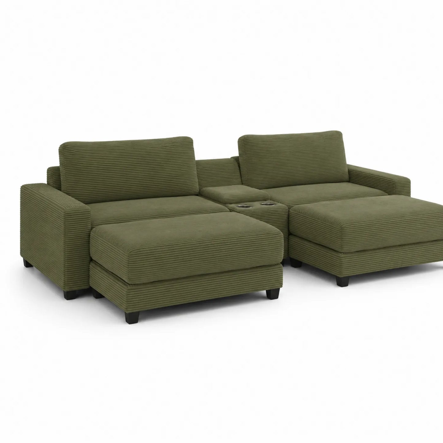 Sofá seccional de pana verde con chaise longue y portavasos