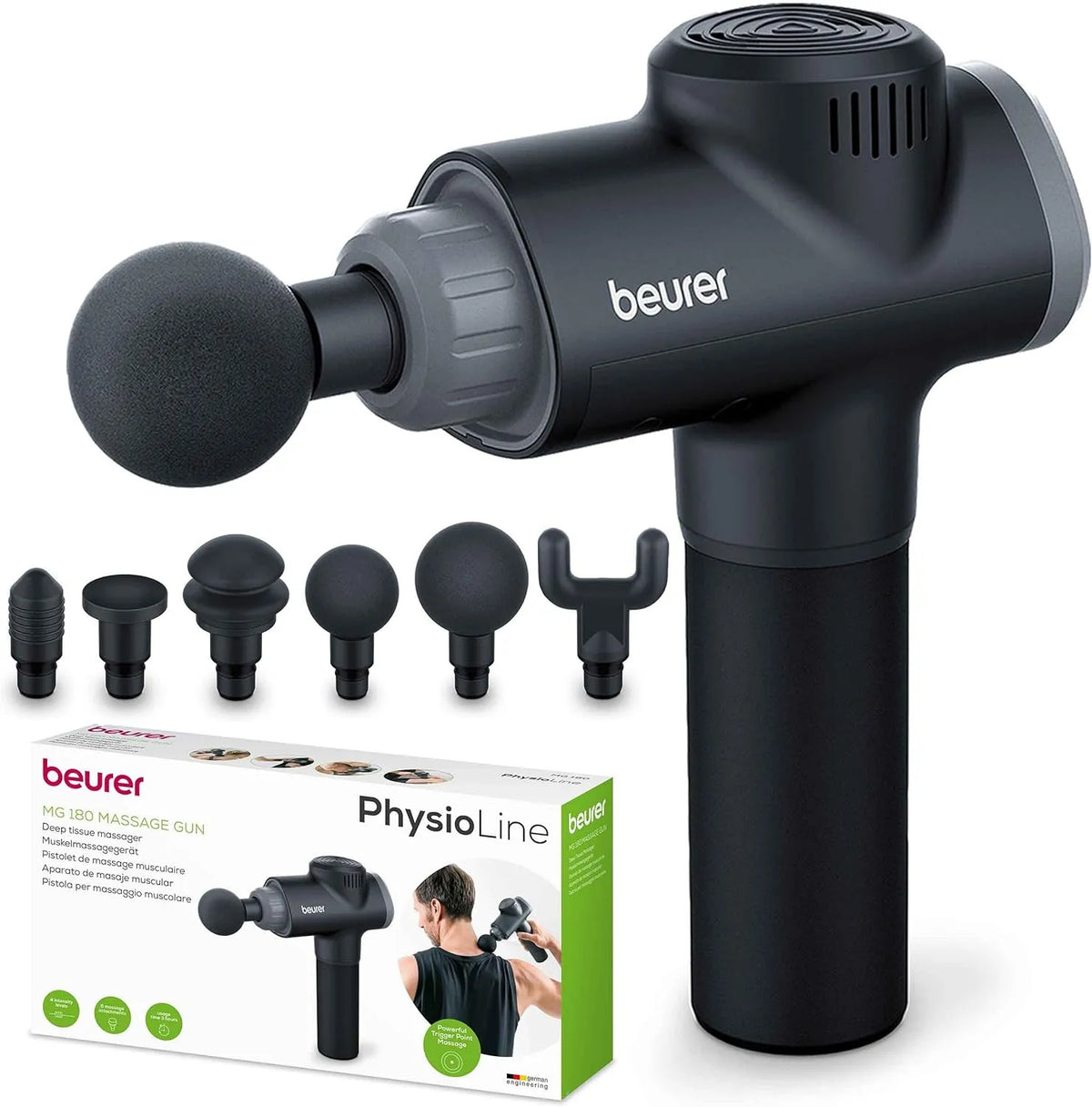 Beurer MG 180 massagepistool, 6 opzetstukken, 4 intensiteitsniveaus voor gerichte spiermassage
