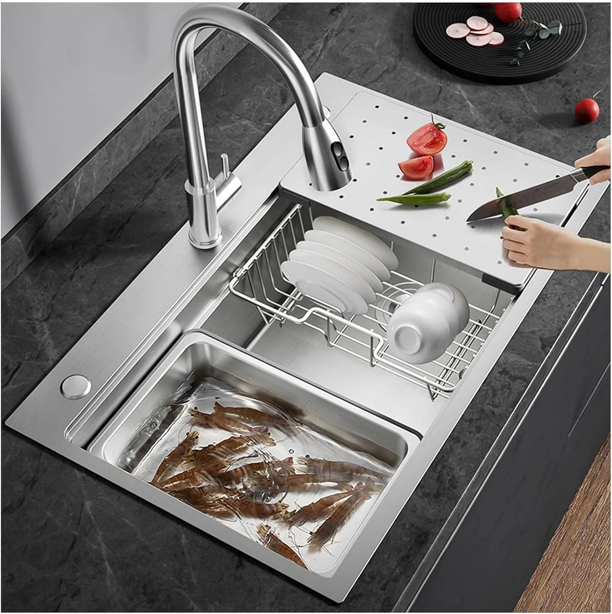 Vaatwasser, 85x50cm, Grote roestvrijstalen spoelbak 85x50cm, enkele kom met afdruiprek, geschikt voor inbouw en opbouw, duurzame voor keuken en bar