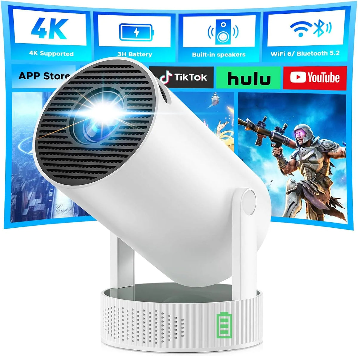 Projector, wifi-bediening, Bluetooth-connectiviteit, Mini Beamer met Batterij, Draagbare ondersteuning 4K resolutie, Ingebouwde Speaker