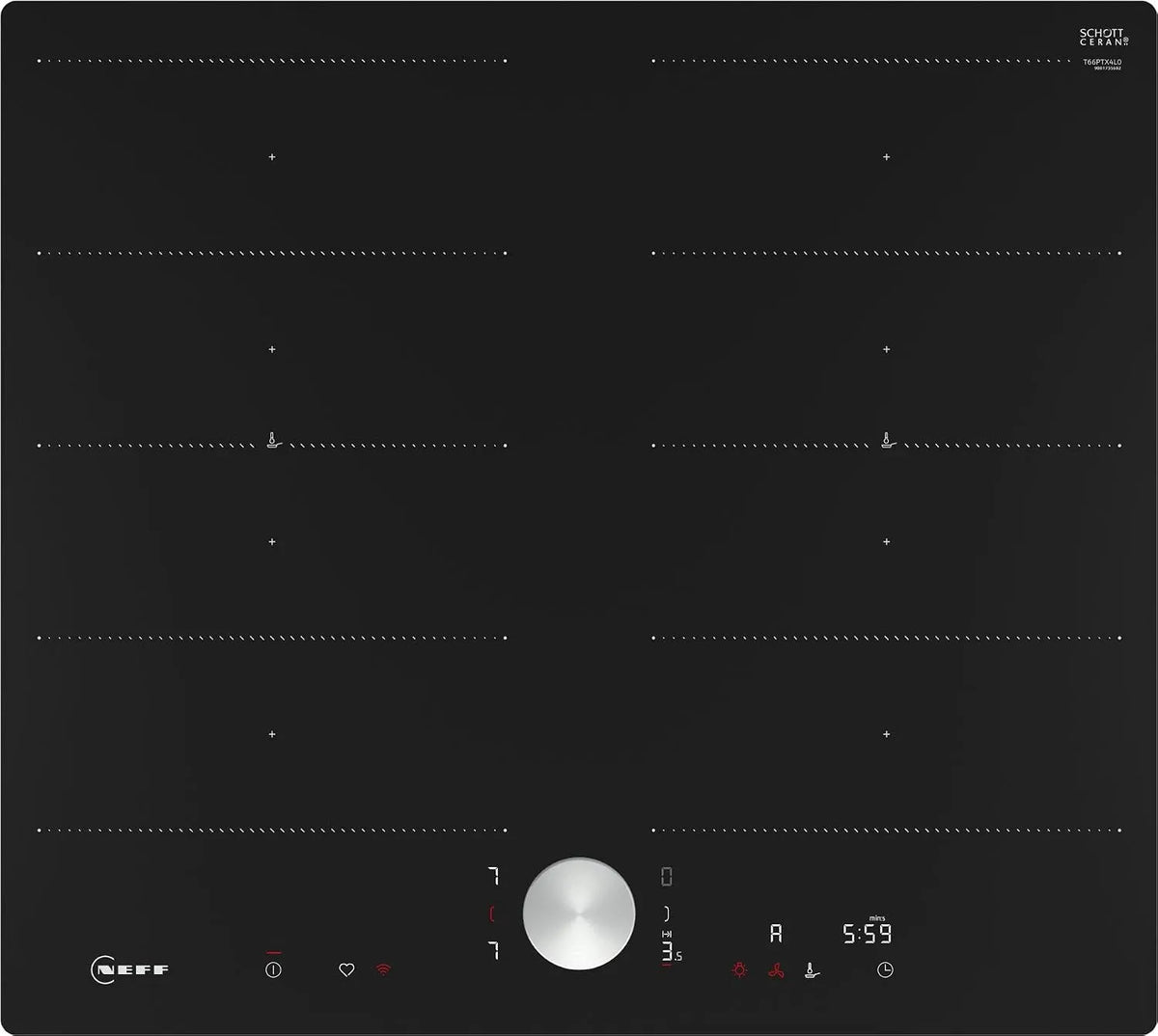 T66PTX4L0 N90 inductiekookplaat, 60 cm, zelfvoorzienende keramische kookplaat 60 cm breed, Flex Induction, Home Connect, Smart Hood Automatic