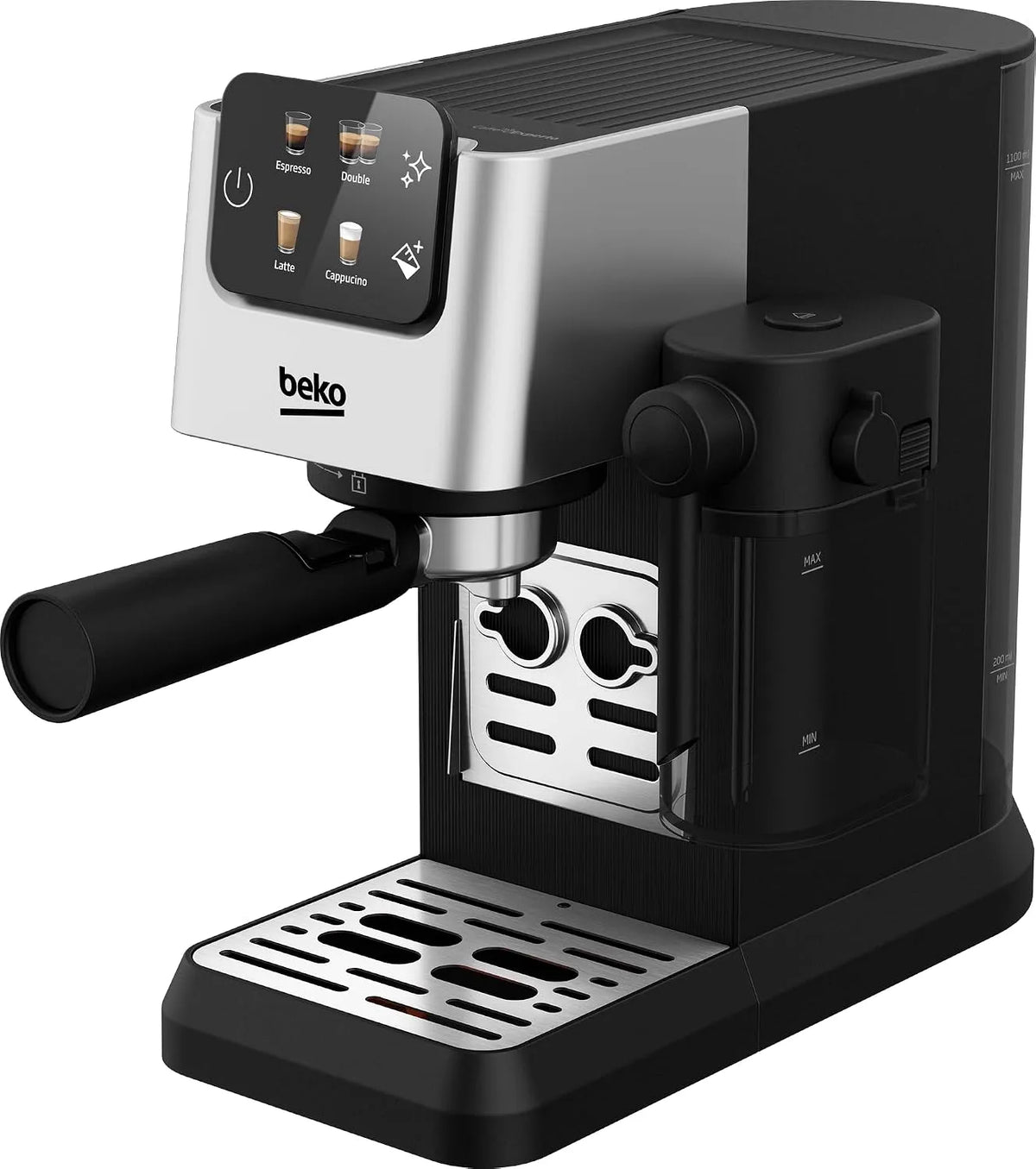 Beko CEP5304X espressomachine, 1,1 l, 15 bar, 35,5 cm, 14,5 x 42,5 x 35,5 cm, roestvrijstalen behuizing, Handmatige, geïntegreerde melkopschuimer