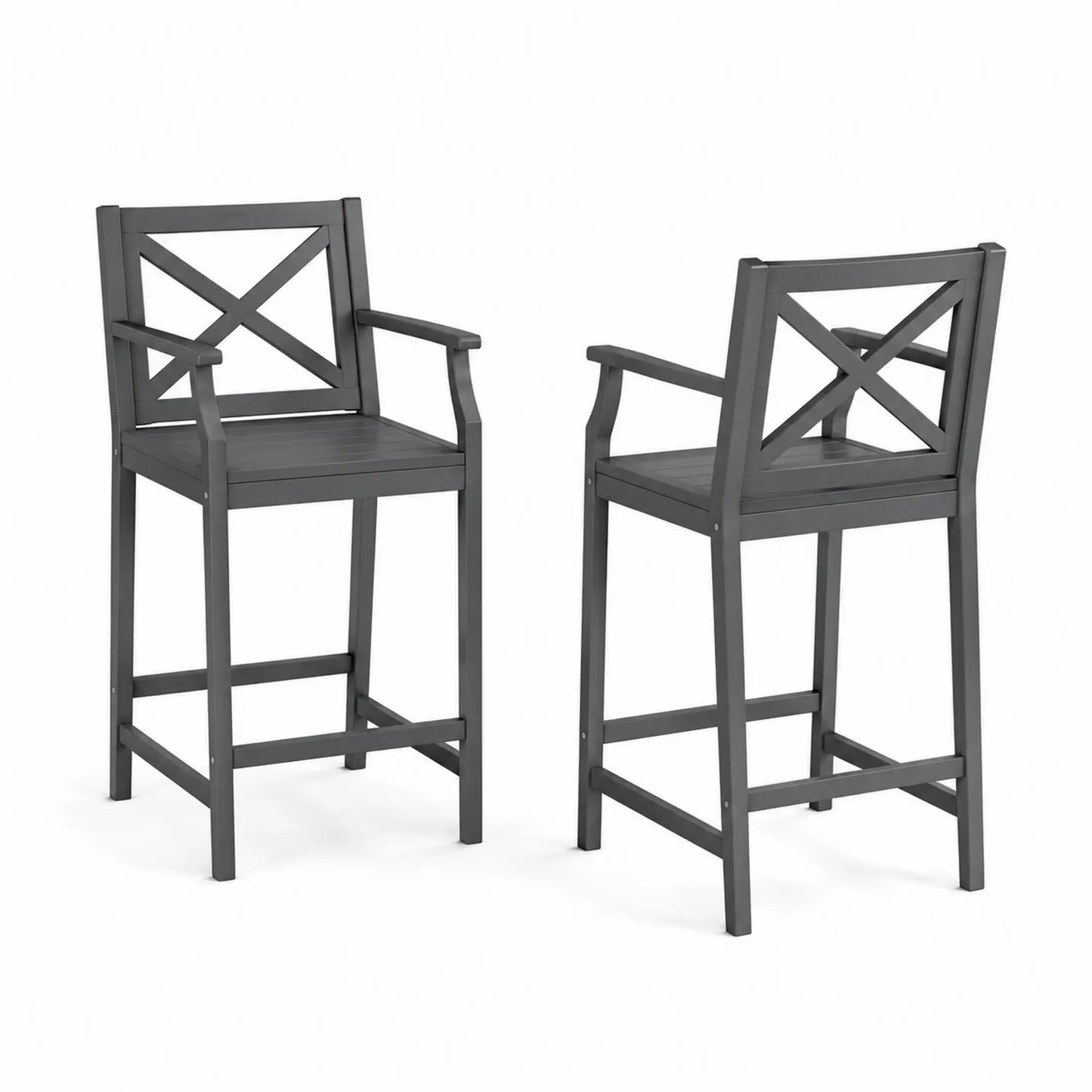 Juego de 2 sillas de madera para exterior con respaldo cruzado y brazos en gris