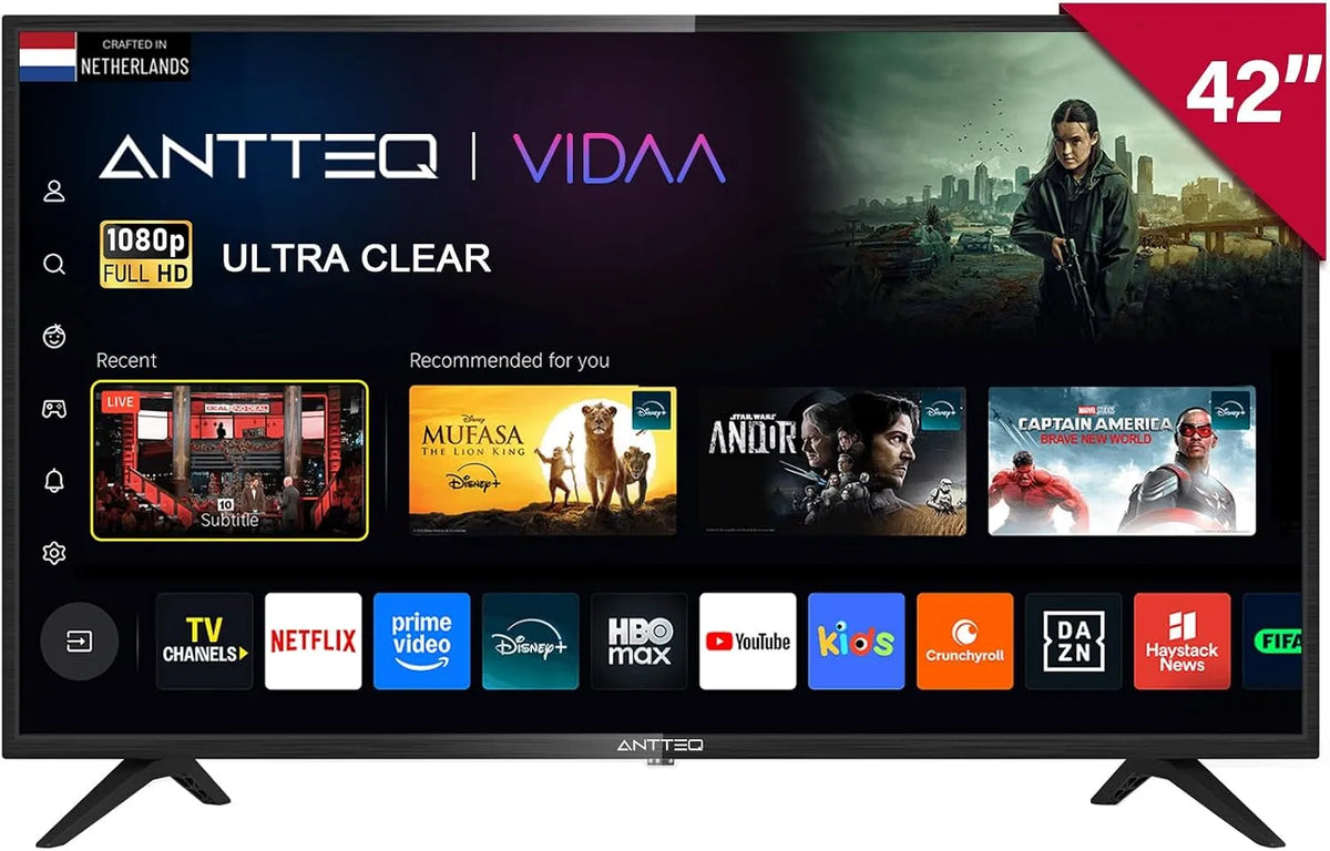 DVB-T2 AV42F3 TV Smart TV, 42 inch, 106 cm, wifi-bediening, ANTTEQ 42 inch, 2K D-LED met Netflix, Prime Video, triple tuner / S2 / C, Dolby Audio