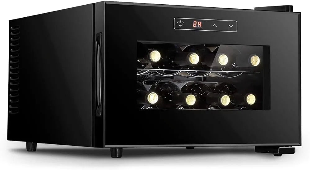 Wijnkoelkast, Horizontale wijnkoeler, elektronische wijnkelder voor rood en wit, 8-fles mini- met digitale bediening, glazen deur, compacte thuisbar