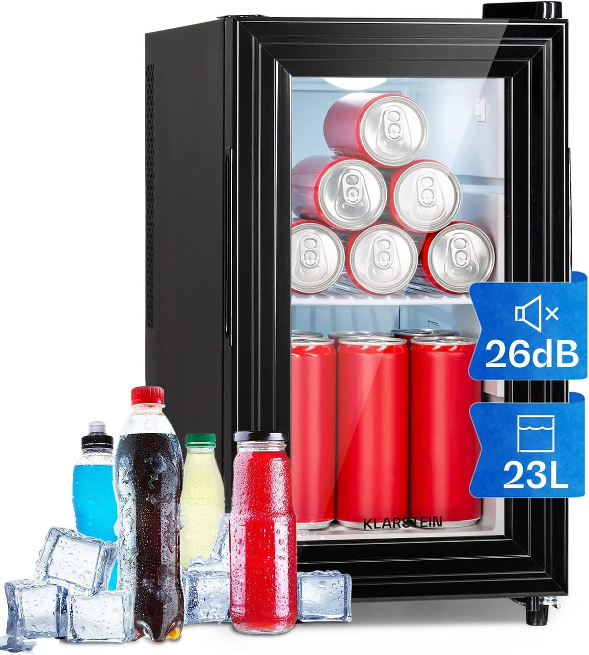 Klarstein minikoelkast, 26 dB, stille werking, Minibar Brooklyn 23 Slim koelkast led kunststof-inzet glazen deur, voor Kantoor, voor Keuken