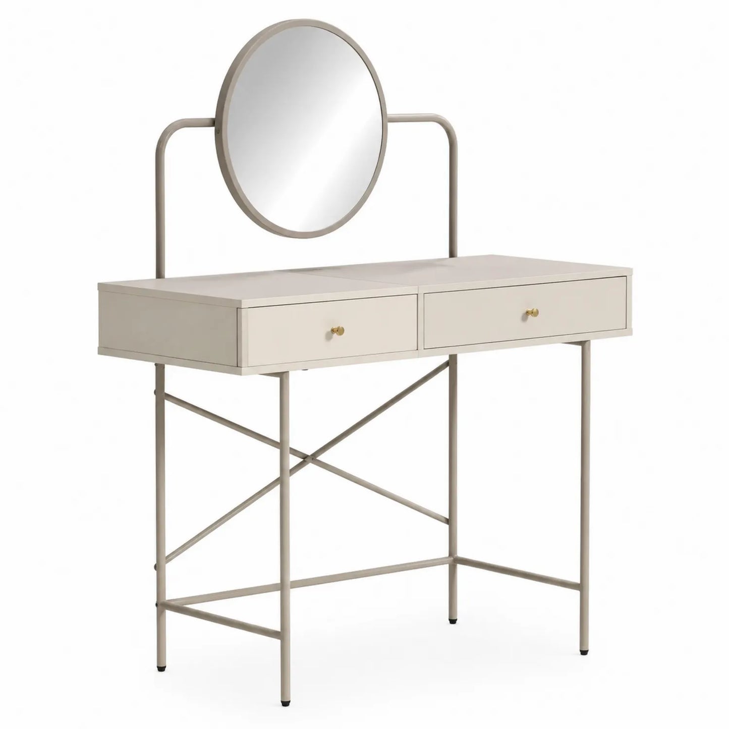 Tocador de metal con espejo redondo y cajones beige