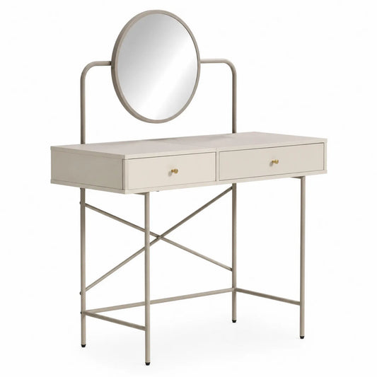 Tocador de metal con espejo redondo y cajones beige