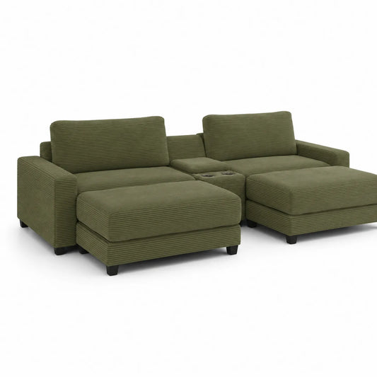 Sofá seccional de pana verde con chaise longue y portavasos
