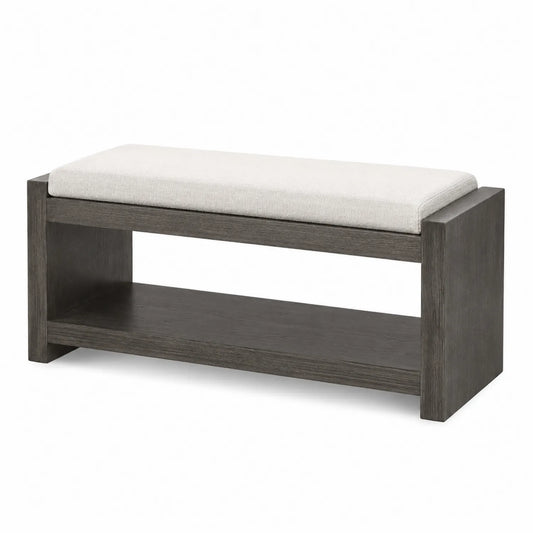 Banco de madera con cojín gris oscuro y beige 100x40x45 cm