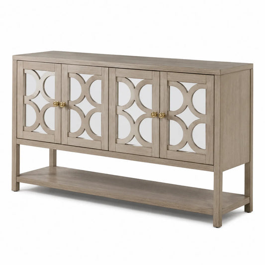 Aparador de madera y vidrio templado con puertas y estante inferior, Marrón Claro