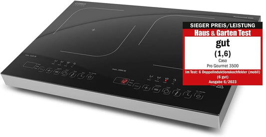 Caso inductiekookplaat, 22 cm, 12 standen, timer, Pro Gourmet 3500, Mobiel dubbele, max. 3500 watt, kookplaat met timer, roestvrijstalen behuizing