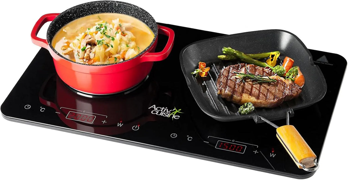 Inductiekookplaat, 3500 W, timer, Onafhankelijke dubbele 3500 W, met 10 instelbare temperatuur- en vermogensniveaus