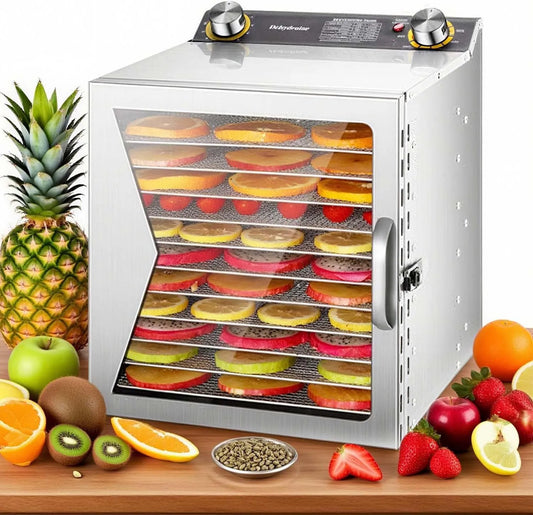 Voedseldroger, timer, Commerciële, 800W roestvrijstalen droger, efficiënt en gelijkmatig drogen van gedroogd vlees, kruiden en snacks