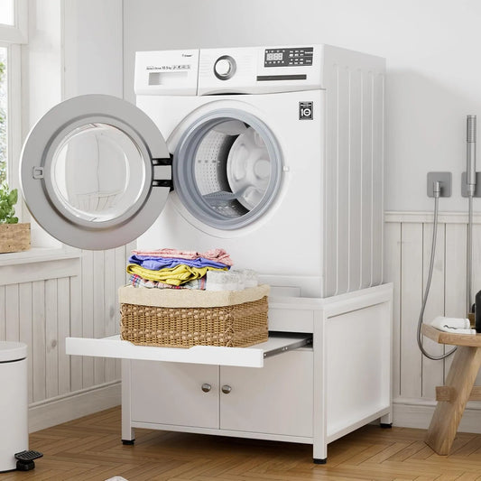 Wasmachine, 317,5 kg, 50 cm, 63 x 54 x 50 cm, Sokkel voor met plank, basis met verborgen opbergruimte, gemaakt van MDF en metaal