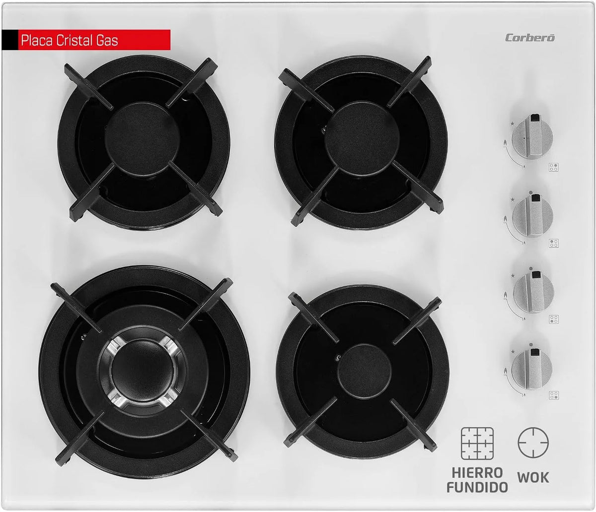 CPCGY2314W, 7,8 kW, automatische werking, Corberó Glasplaat met gasvoeding, gietijzeren grill, veiligheidsventiel en automatische uitschakeling
