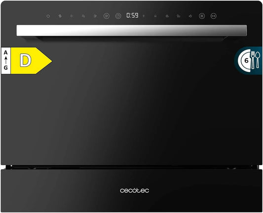 Cecotec vaatwasser, 1380 W, 5 programma's, Bolero 2400 Compacte, zwart glas, zwarte glasafwerking, touch-paneelbediening, kinderslot en bestekmand