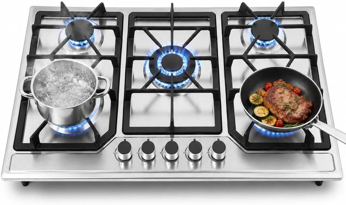 Gaskookplaat, 86 cm, 5 branders, gasfles en stad, afzonderlijk regelbare gasbranders