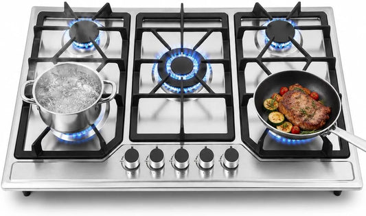 Gaskookplaat, 86 cm, 5 branders, gasfles en stad, afzonderlijk regelbare gasbranders
