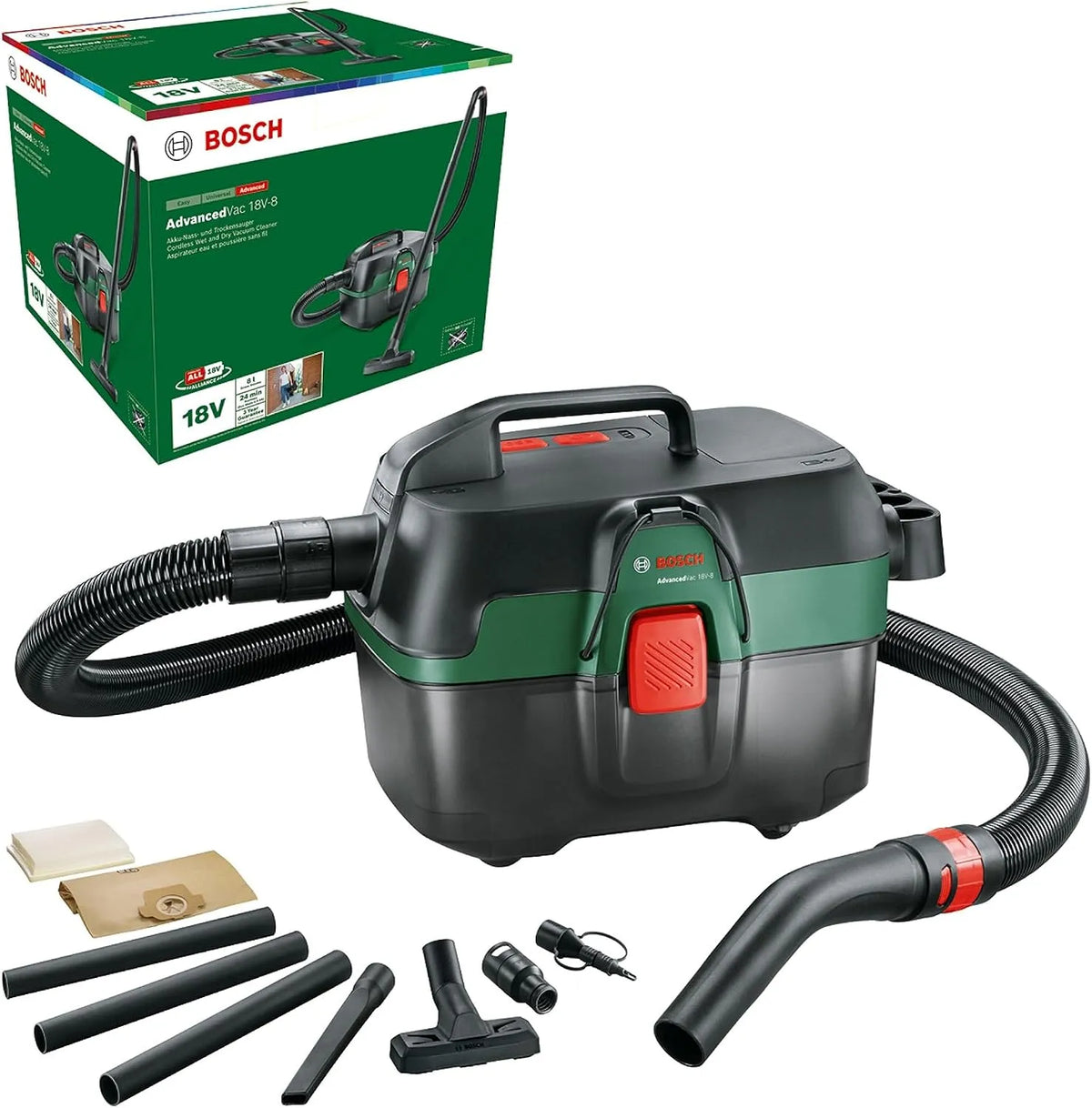 Bosch 18V-8, draadloos gebruik, accu-alleszuiger AdvancedVac, zonder accu, 18 Volt System, inclusief accessoireset, in kartonnen doos