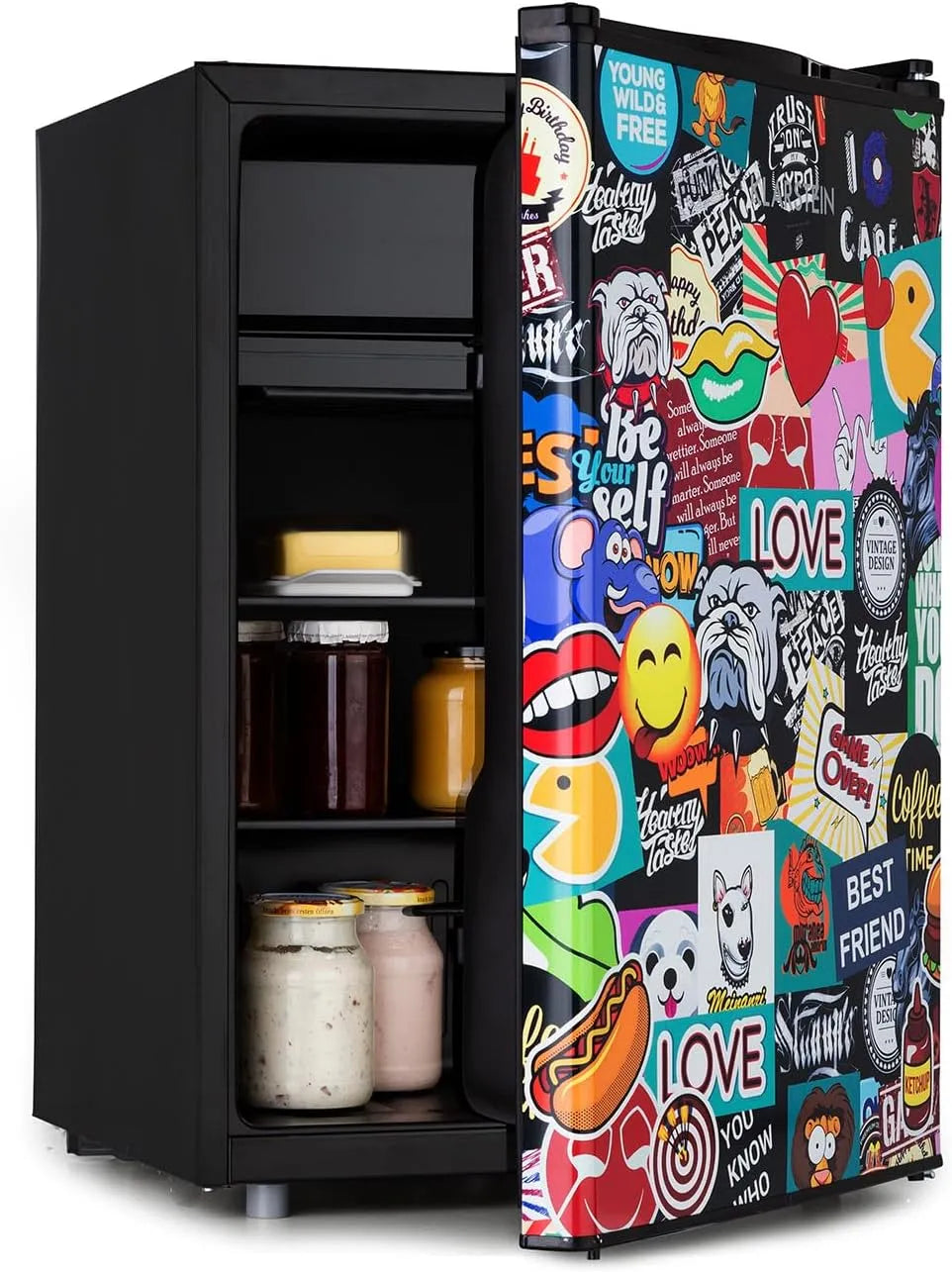 Klarstein koelkast, Cool Vibe, Inhoud: 70 liter, VividArt Concept: Deur met stickerbomb-designprint