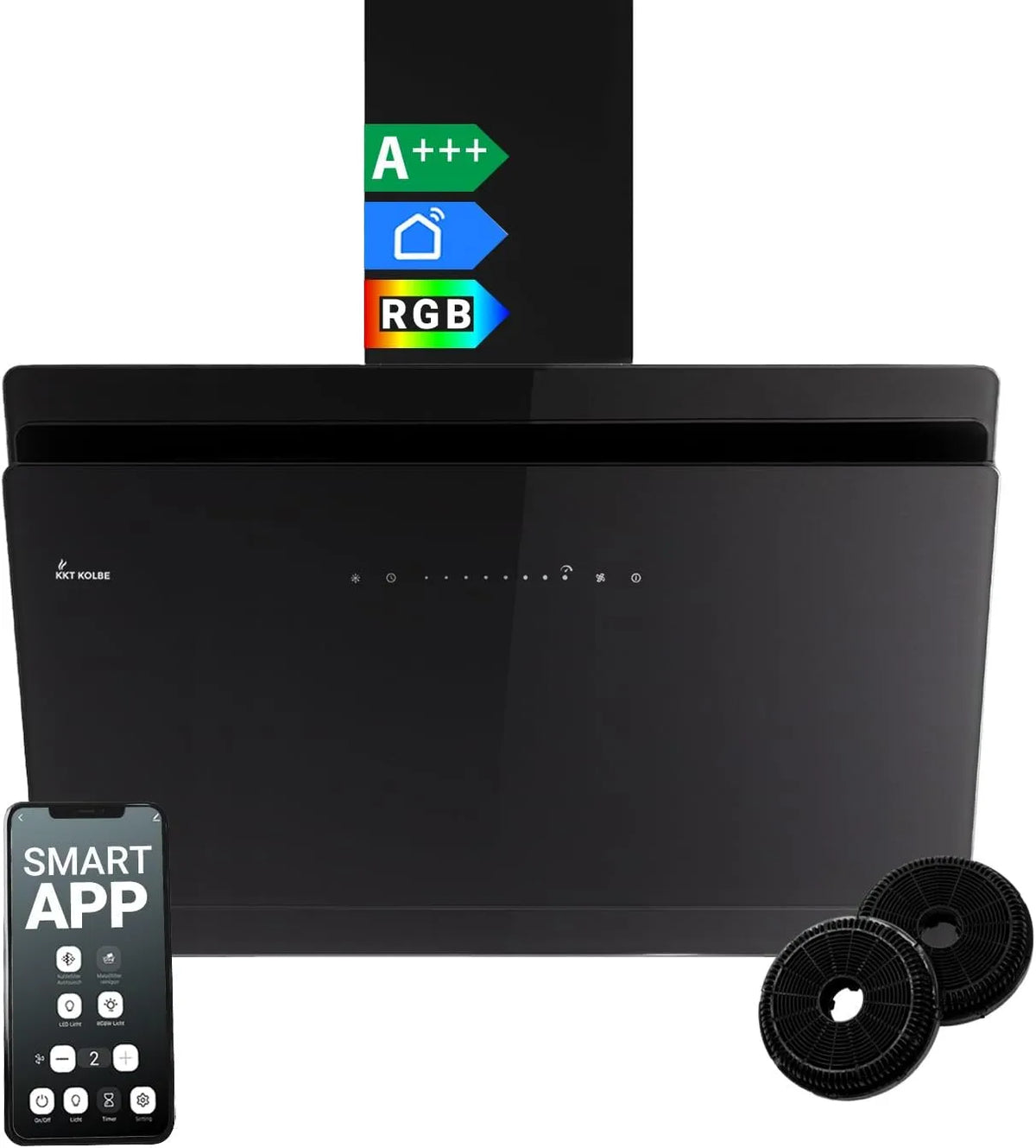 SOLO9005SM afzuigkap, 90 cm, wifi-bediening, KKT KOLBE A+++ 90 cm 782 m3/u Uringang Afvoer Kopvrij Wandkap, Glas Zwart, Smart WiFi App WLAN