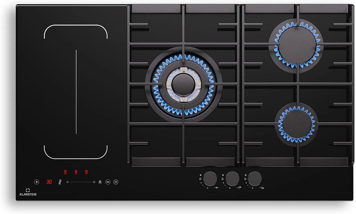 Klarstein gaskookplaat, 10,6 kW, 87,5 cm, 51 cm, 5 zones, timer, MultiChef 5 Inductie- en, Slider bediening, Gietijzeren pannendragers, voor Keuken