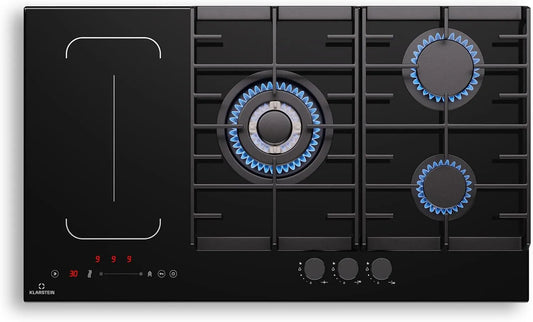 Klarstein gaskookplaat, 10,6 kW, 87,5 cm, 51 cm, 5 zones, timer, MultiChef 5 Inductie- en, Slider bediening, Gietijzeren pannendragers, voor Keuken
