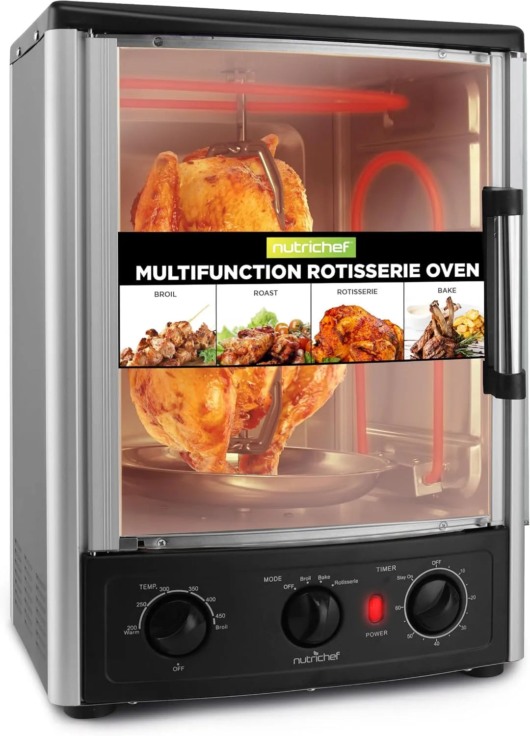 Elektrische oven, timer, grillfunctie, NutriChef Multifunctionele Rotisserie Countertop Oven, Braden en Grillen, Timer en Temperatuurregeling
