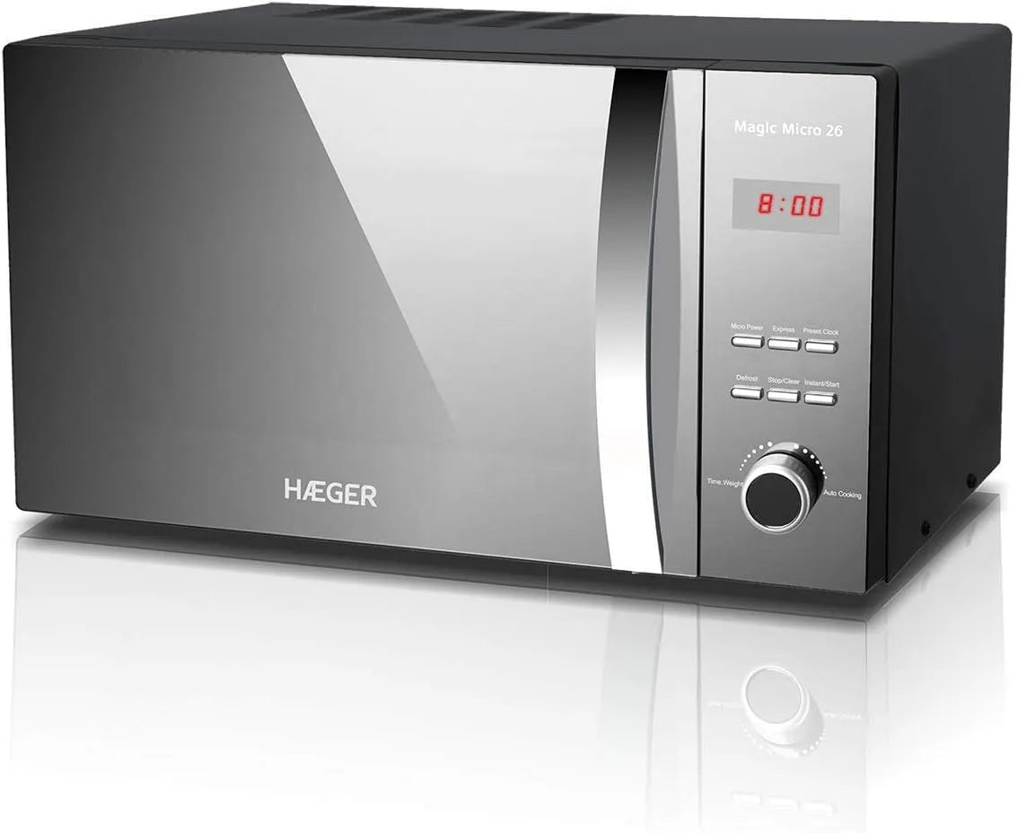 MICRO 26 magnetron, 800 W, 27 cm, 5 standen, timer, HAEGER MAGIC met 800 W vermogen, 60 minuten timer, draaiplateau van glas 27 cm