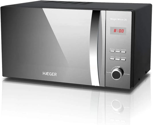 MICRO 26 magnetron, 800 W, 27 cm, 5 standen, timer, HAEGER MAGIC met 800 W vermogen, 60 minuten timer, draaiplateau van glas 27 cm