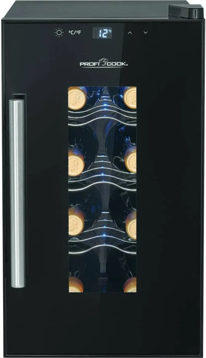 PC-WK 1232 wijnkoelkast, ProfiCook voor 8 flessen, drankenkoelkast met UV-bestendige glazen deur, wijnkoeler met LED-verlichting en 4 opslagniveaus