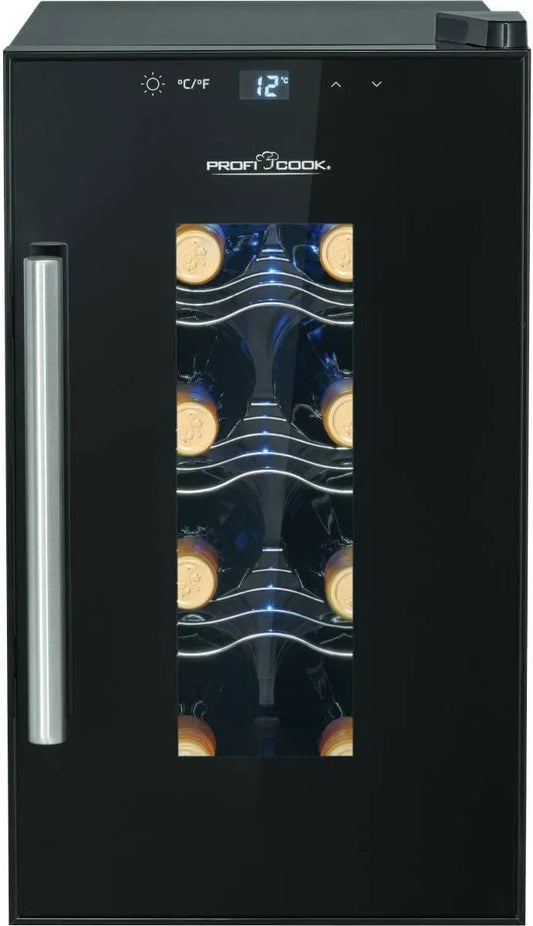 PC-WK 1232 wijnkoelkast, ProfiCook voor 8 flessen, drankenkoelkast met UV-bestendige glazen deur, wijnkoeler met LED-verlichting en 4 opslagniveaus