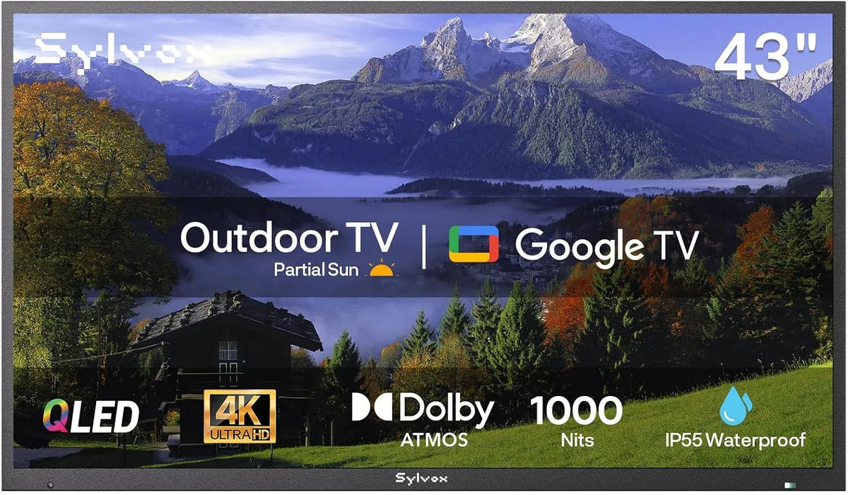 IP55 Smart TV, 43 inch, SYLVOX Outdoor TV, 43 inch Smart QLED TV, Weersbestendige Buiten-TV met Ondersteuning voor Google Assistant, Dolby Atmos