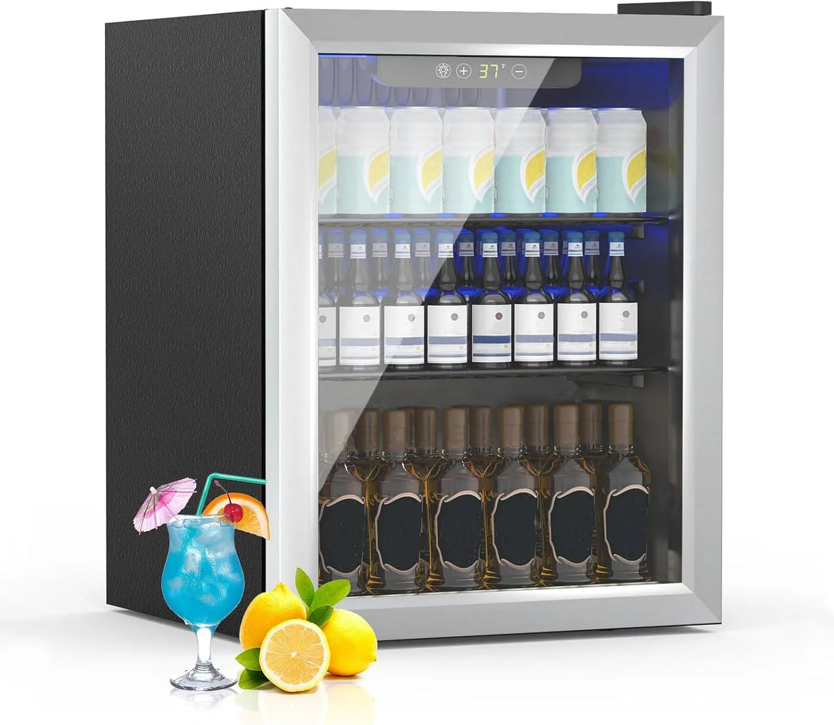 Koelkast, mini- met transparante deur voor limonade bier of wijn, werkbord met verstelbare afneembare planken