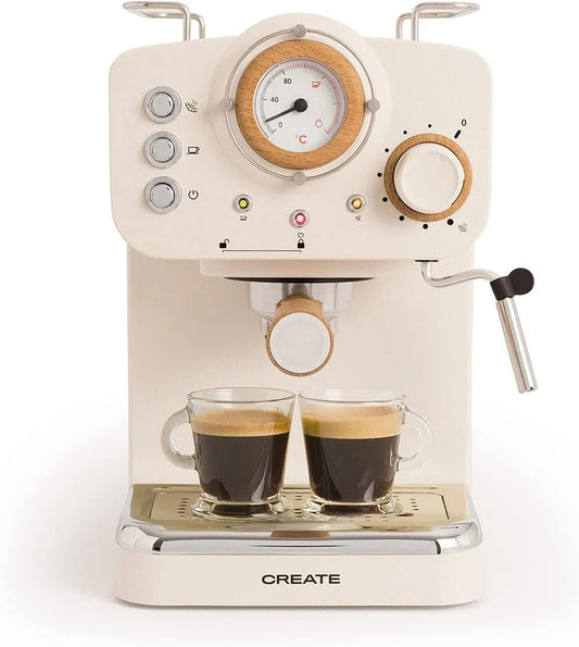 Espressomachine, 15 bar, 1100W, automatische werking, CREATE/THERA RETRO/ Mat Gebroken Wit en Hout/ESE gemalen koffie en pods, glanzende afwerking