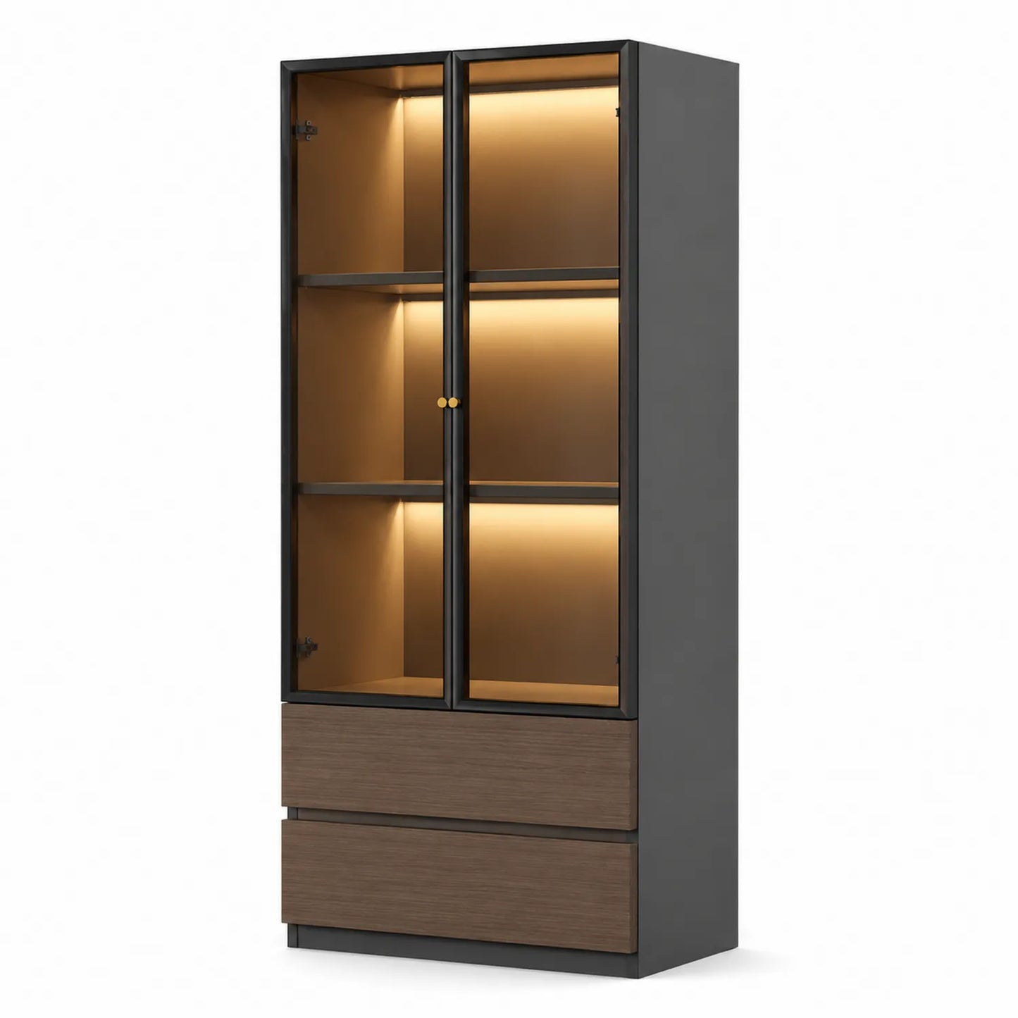 Vitrina de Vidrio Templado con Iluminación LED, Negro/Madera, 180x80x40 cm