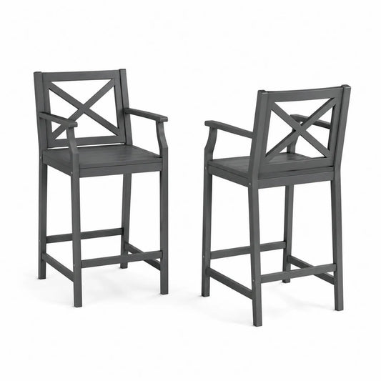 Juego de 2 sillas de madera para exterior con respaldo cruzado y brazos en gris