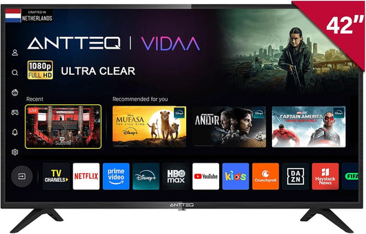 DVB-T2 AV42F3 TV Smart TV, 42 inch, 106 cm, wifi-bediening, ANTTEQ 42 inch, 2K D-LED met Netflix, Prime Video, triple tuner / S2 / C, Dolby Audio