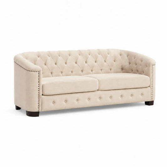 Sofá de 3 plazas de terciopelo beige con patas de madera