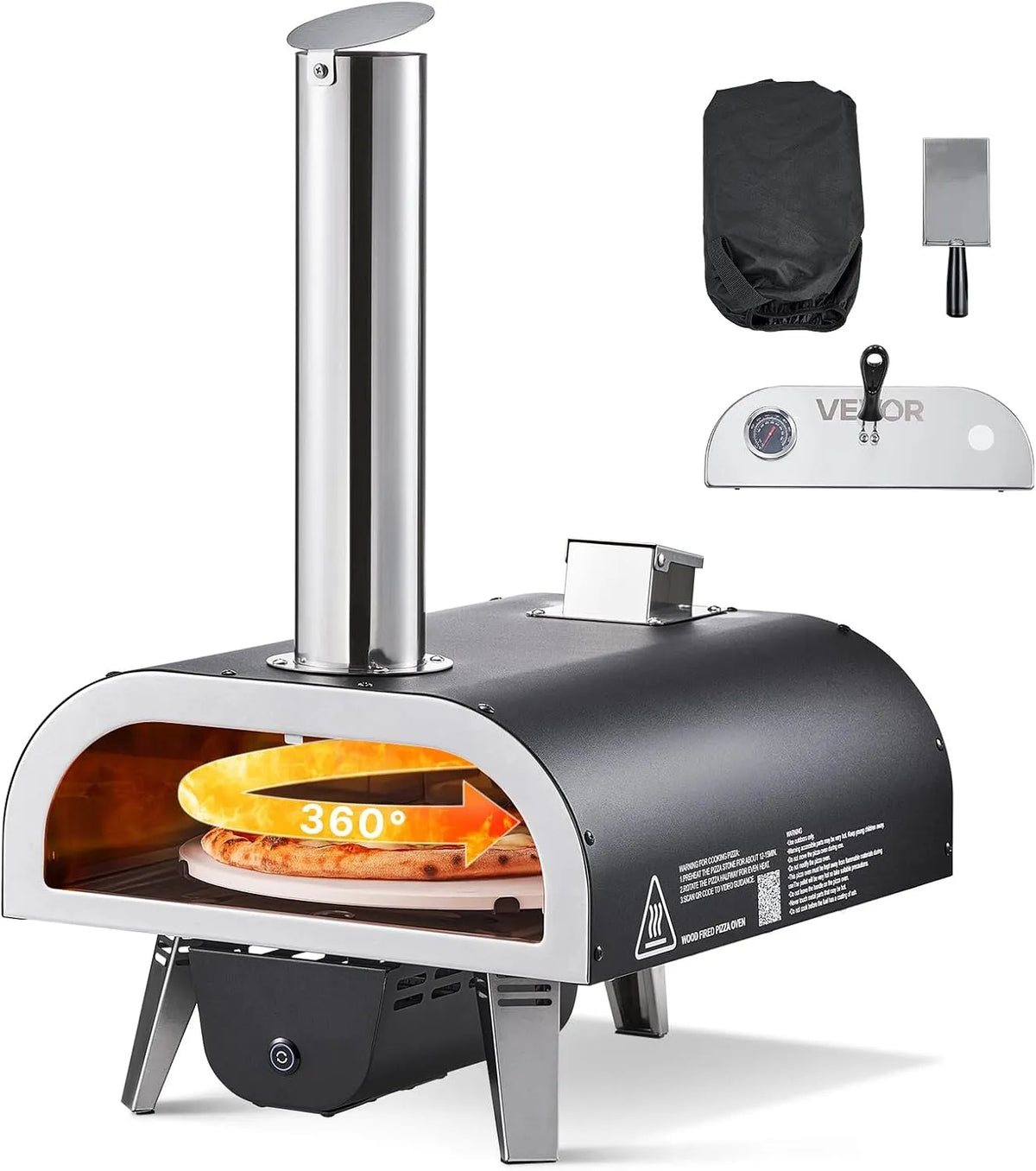 Pizzaoven, 30 cm, automatische werking, VEVOR Houtgestookte buiten, 30 cm automatisch roterende s, draagtas en schep voor achtertuin
