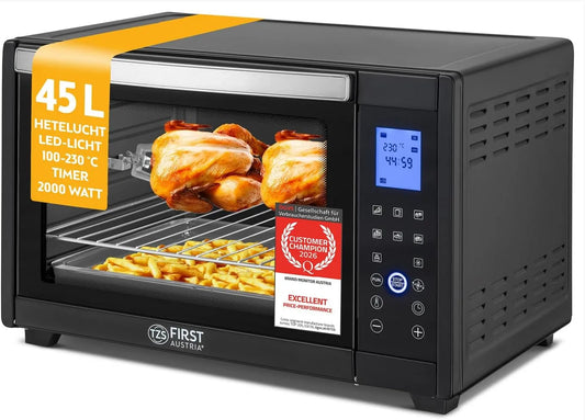 Elektrische oven, 2000W, 180 Min, 8 Standen, timer, TZS First Austria, Minibakoven 45L 2000W, Temperatuur tot 230°C & 4 Inschuifhoogtes