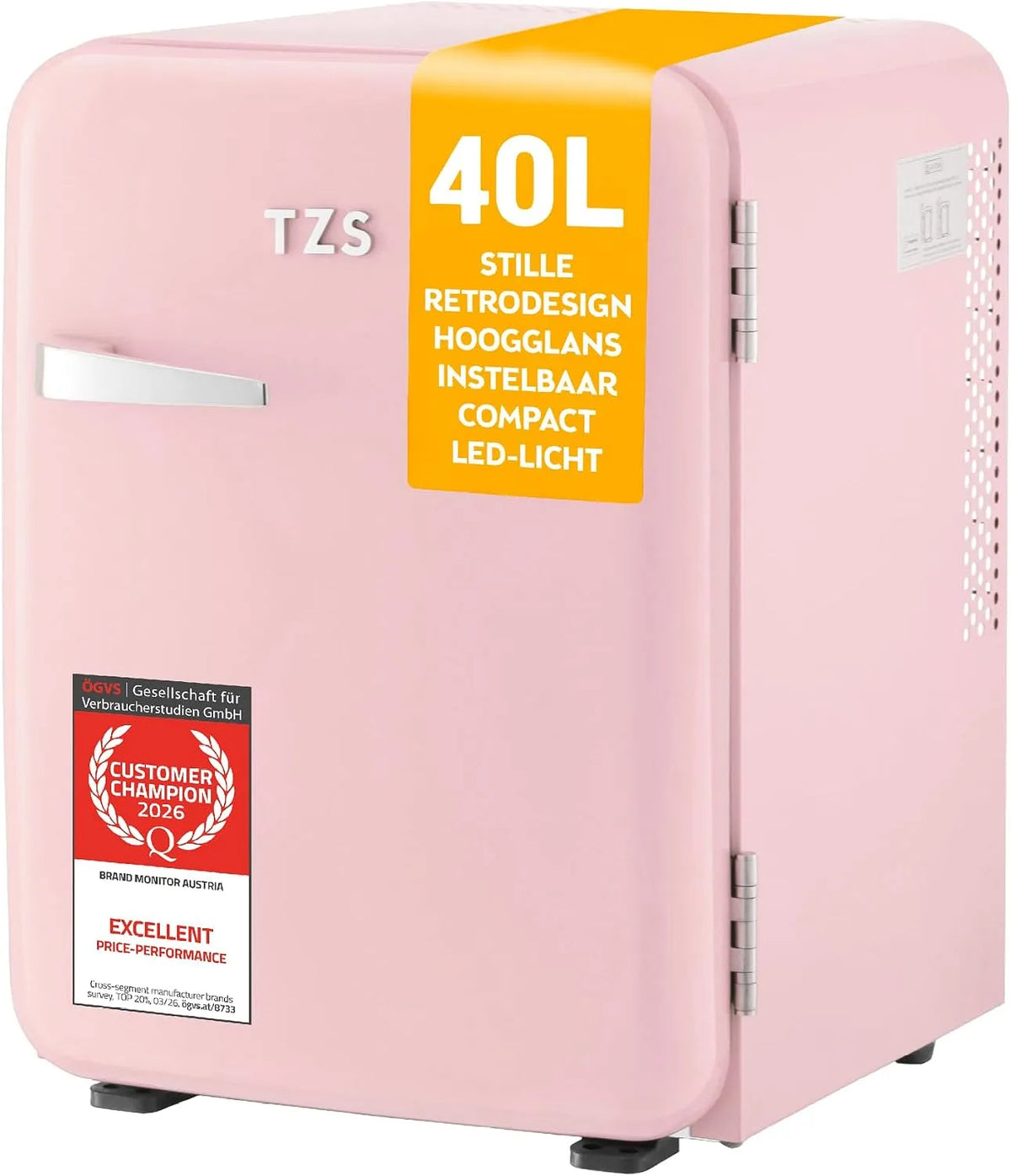 Minikoelkast, stille werking, TZS First Austria Retro Mini Koelkast 40L, Fluisterstil 22dB, Trillingsvrij voor Slaapkamer & Kantoor, Kleine Koelkast