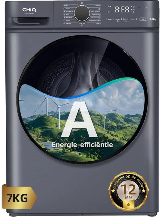 CW07123863AX wasmachine, CHiQ 7kg met Klasse A & Slank Grijs, wasprogramma's met elektronische bediening