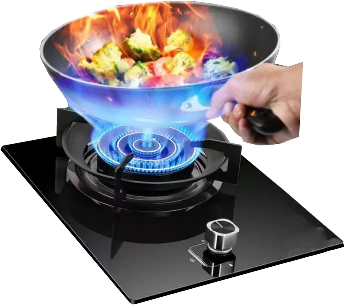 Gaskookplaat, gehard glas, met enkele brander, krachtige wokbrander, bescherming tegen vlammen en gehard glas, voor thuis en buiten