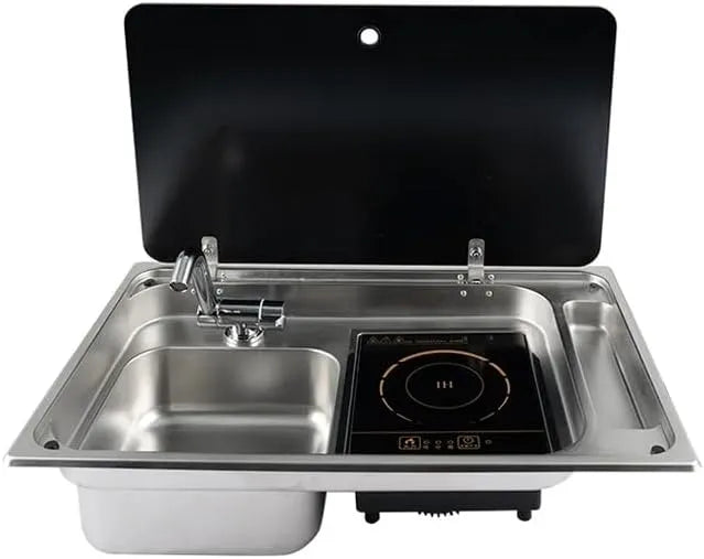 Roestvrij Staal Spoelbak Inductie Fornuis Combinatie Unit Met Gehard Glas Deksel Voor RVs Campers Yachts, roestvrijstalen behuizing