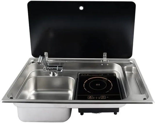 Roestvrij Staal Spoelbak Inductie Fornuis Combinatie Unit Met Gehard Glas Deksel Voor RVs Campers Yachts, roestvrijstalen behuizing