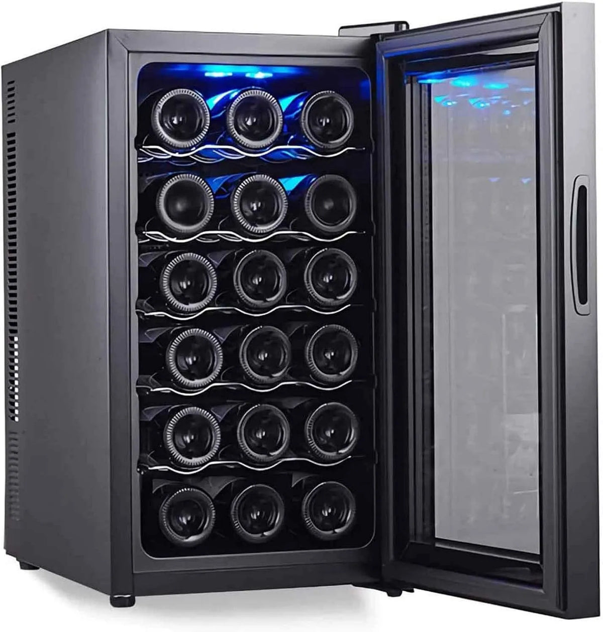 Wijnkoelkast, koeler/kleine, minikoelkast Compacte vriezer Bevroren + gekoelde LED-verlichting Rode wijnwarmer Glazen deur Zwart frame