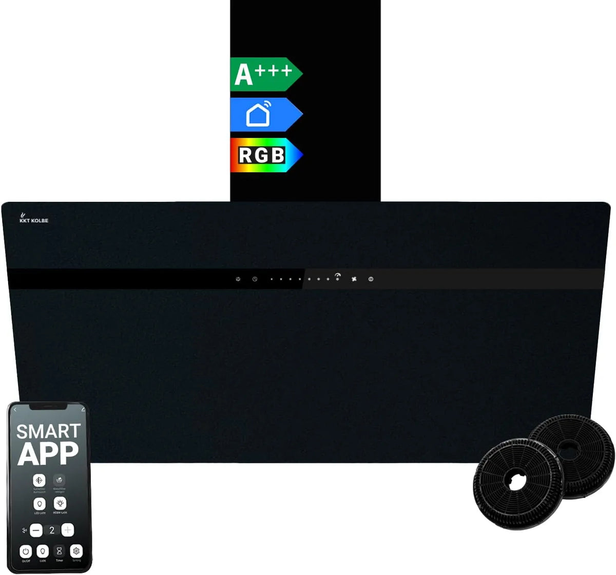 STYLE9005SMAO afzuigkap, 90 cm, roestvrijstalen behuizing, wifi-bediening, touchbediening, automatische werking, roestvrij staal, zwart glas
